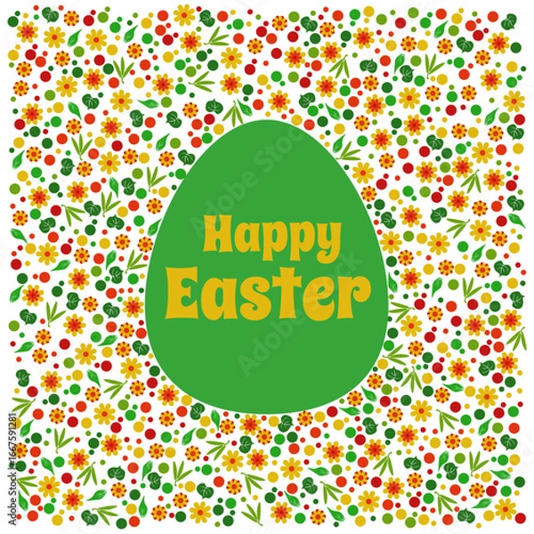 Fototapeta Happy Easter postcard, square banner with eggs, inscription and a pattern of small doodle flowers and leaves