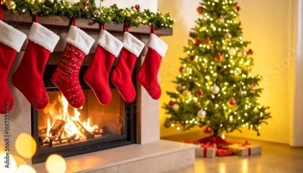 Fototapeta Festive Christmas Scene: Stockings Hung by the Fireplace, Christmas Tree Aglow, Cozy Holiday Fireplace Setting with Christmas Tree and Decorated Stockings