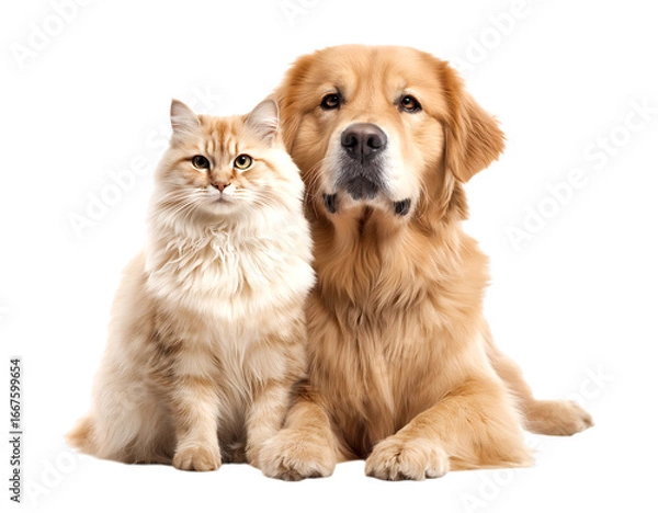 Fototapeta Golden Retriever Dog and Ginger Cat Friendship Portrait isolated on a transparent background