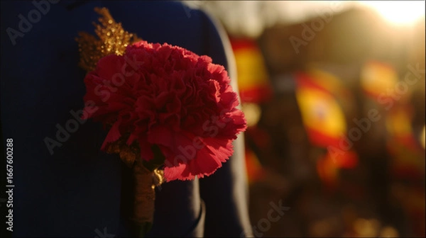 Fototapeta A red carnation pinned on a navy blue jacket, golden sunlight filtering through festive flags and confetti.