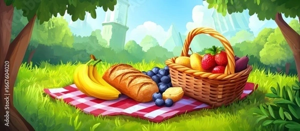Obraz Picnic basket filled with fruits and bread on a checkered tablecloth in a grassy park.