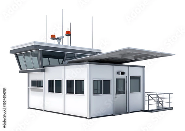 Fototapeta Modern Modular Security Control Booth with Observation Deck and Communication Antennas isolated on a transparent background