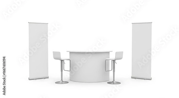 Fototapeta White Trade Show Booth with Roll Up Banners and Stools