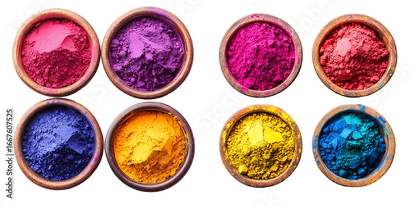 Fototapeta Four bowls filled with vibrant Holi powder in various colors isolated on a transparent background