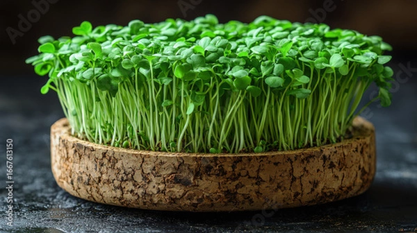 Fototapeta Close-up of a Bountiful Harvest of Green Microgreens in a Round Planter,up by Nha Vu