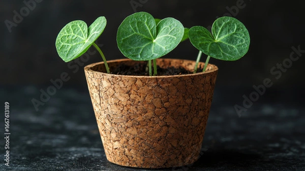 Fototapeta Three Young Sprouting Green Plants with Heart-Shaped Leaves in a Cork Pot,up by Nha Vu