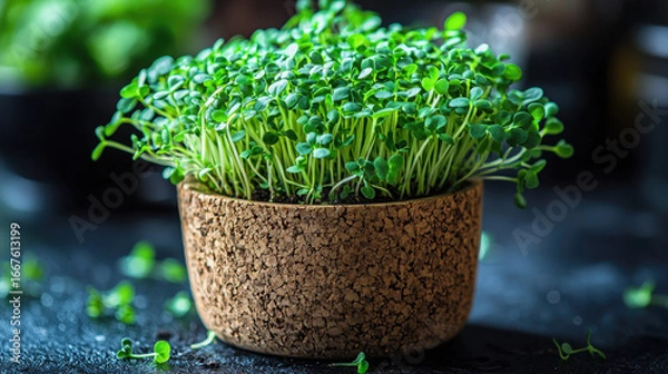 Fototapeta Close-up of Vibrant Green Microgreens Growing in a Natural Cork Planter,up by Nha Vu