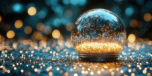 Fototapeta Glass Orb with Golden Particles on a Blue Bokeh Background,up by Nha Vu