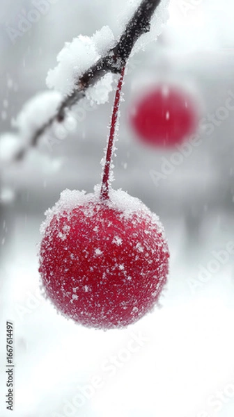 Fototapeta Vibrant Red Berry Covered in Snow and Ice on a Branch,up by Nha Vu