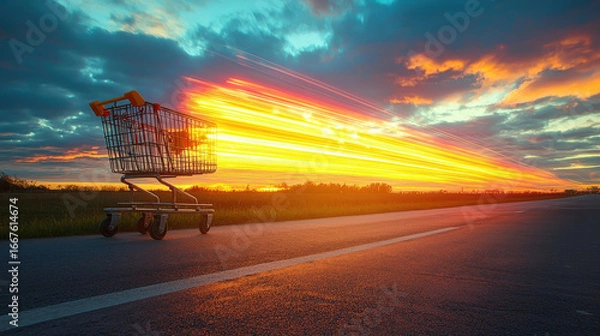 Fototapeta A Shopping Cart on a Road with a Long Exposure of Sunset Light Trails ,up by Nha Vu