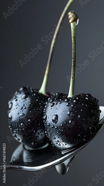 Fototapeta close-up of two black cherries with water droplets on a silver spoon, dramatic lighting, dark gray background, ultra-realistic texture, food photography style, high contrast, studio lighting, 