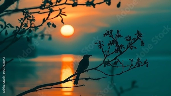 Fototapeta silhouette of a bird on a tree branch, sunset over calm water, vibrant sky in blue orange and yellow gradient, glowing sun reflecting on the surface, peaceful and tranquil mood, high contrast 