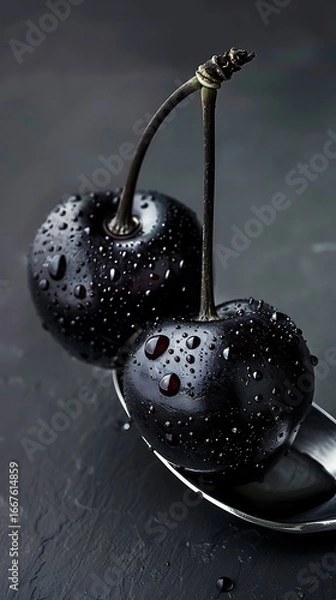 Fototapeta close-up of two black cherries with water droplets on a silver spoon, dramatic lighting, dark gray background, ultra-realistic texture, food photography style, high contrast, studio lighting, 
