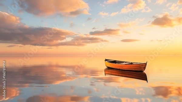 Fototapeta a small wooden rowboat floating on calm shallow water, peaceful seascape at sunset, fluffy pastel clouds reflected on the mirror-like surface, serene and minimal composition, soft golden light, 