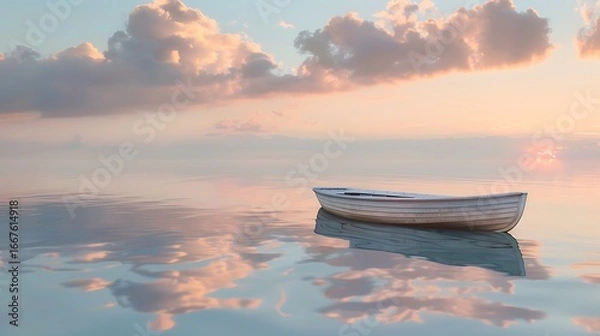 Fototapeta a small wooden rowboat floating on calm shallow water, peaceful seascape at sunset, fluffy pastel clouds reflected on the mirror-like surface, serene and minimal composition, soft golden light, 