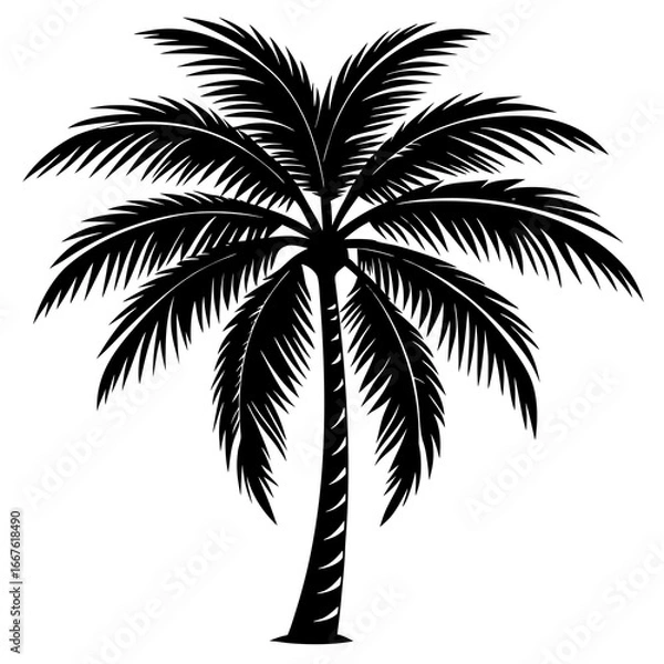 Fototapeta Black Silhouette of a Palm Tree with Dense Fronds and Curved Trunk tropical beach