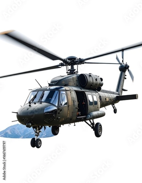 Obraz Helicopter in flight, mountain backdrop