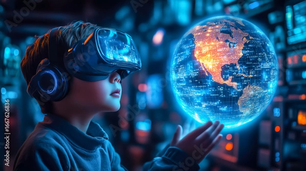 Fototapeta A boy wearing VR glasses interacts with a holographic globe. The concept of immersive learning, future technology, and global exploration through virtual reality. Generative AI.