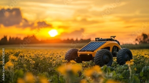Fototapeta Solar-powered agricultural robot working in the field. This image demonstrates the intersection of technology, sustainability, and agriculture, showcasing innovation in smart farming, Generative AI