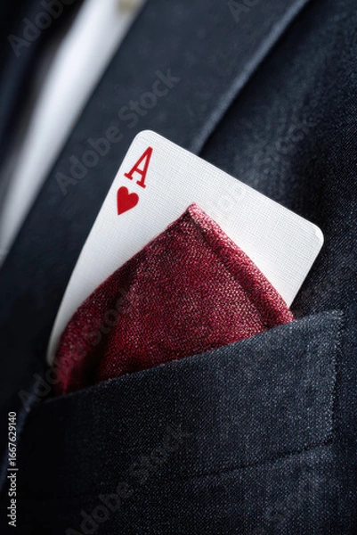 Fototapeta Ace playing card tucked into a suit pocket, metaphor for competitive advantage or hidden asset