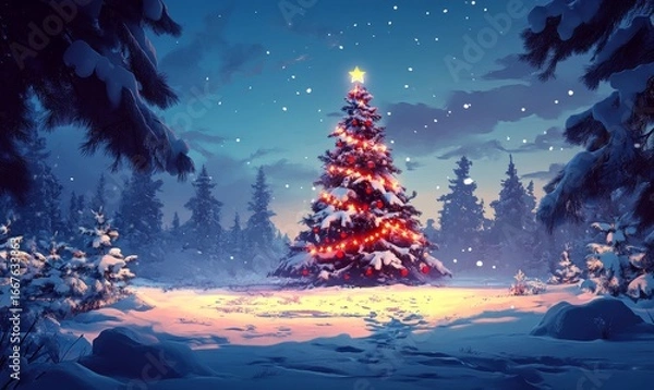 Fototapeta Christmas tree decorated with lights and ornaments in a serene winter forest setting The peaceful snowy forest creates a magical and tranquil holiday atmosphere, Generative AI