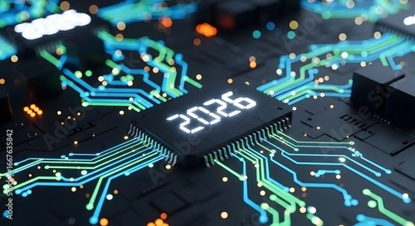 Fototapeta Futuristic circuit board with glowing lines and 2026 chip Digital Technology Future AI Innovation Progress Year Connectivity Internet Modern