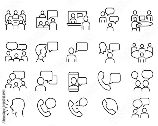 Fototapeta Set of outline icons related conversation, chat, talking, speaking. Linear icon collection