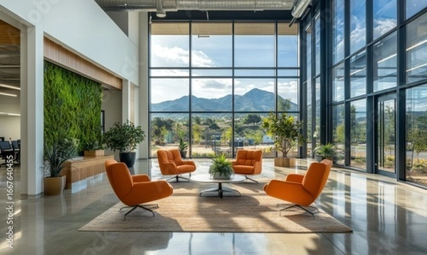 Fototapeta Modern office with green walls reflecting sustainable business practices and a healthy work atmosphere The design incorporates eco-friendly elements promoting both ecological, Generative AI