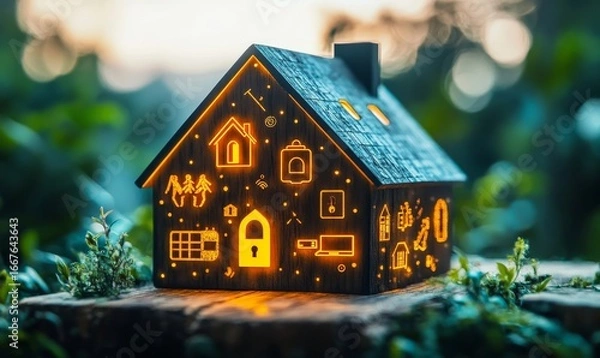 Fototapeta Representation of home insurance and security, featuring symbols of protection for residential property. This visual reflects the security industrys focus on providing peace of mind, Generative AI