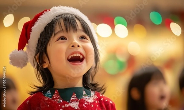Fototapeta Kindergarten Christmas event featuring a child full of excitement and joy while singing a festive carol The cheerful performance creates a heartwarming holiday atmosphere filled, Generative AI