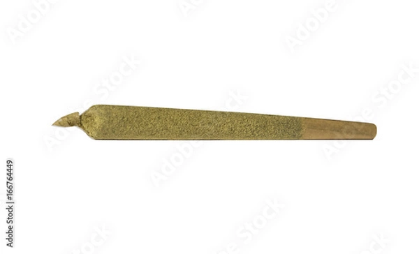 Obraz Premium marijuana joint isolated on white background (crushed leaf rolled and dipped in honey oil then rolled in kief resulting in a potent cone shaped joint)