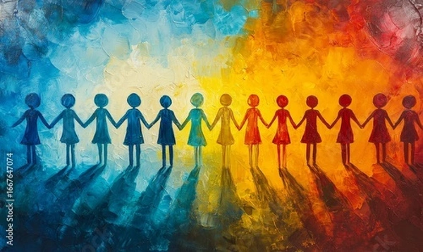 Fototapeta Vibrant and abstract illustration of diverse people emphasizing unity and inclusivity The image portrays individuals of various ethnicities and backgrounds symbolizing the power, Generative AI