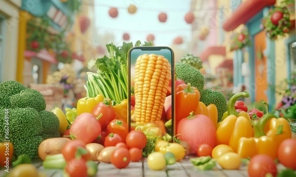 Fototapeta Concept of mobile phone grocery shopping with colorful vegetables ordered online This image highlights the ease of purchasing healthy food via e-commerce emphasizing convenience, Generative AI