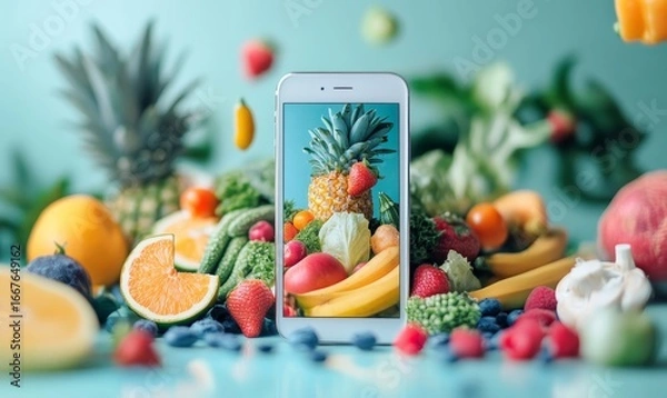 Fototapeta Concept of mobile phone grocery shopping with colorful vegetables ordered online This image highlights the ease of purchasing healthy food via e-commerce emphasizing convenience, Generative AI