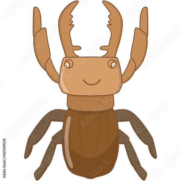 Fototapeta Cute cartoon illustration of a brown beetle with large antlers, smiling face, and simple flat design. Perfect for children’s books, stickers, educational materials, and nature-themed clipart.
