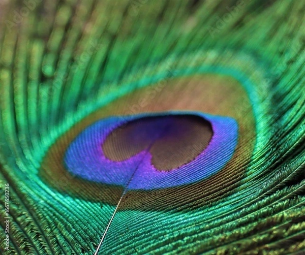 Obraz Peacock feather closeup. Selective focus. Feather background.