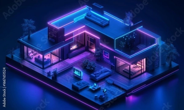 Fototapeta Isometric view of a smart home concept with futuristic design elements Dark tones and neon highlights create a luxurious high-tech atmosphere showcasing the integration of modern, Generative AI