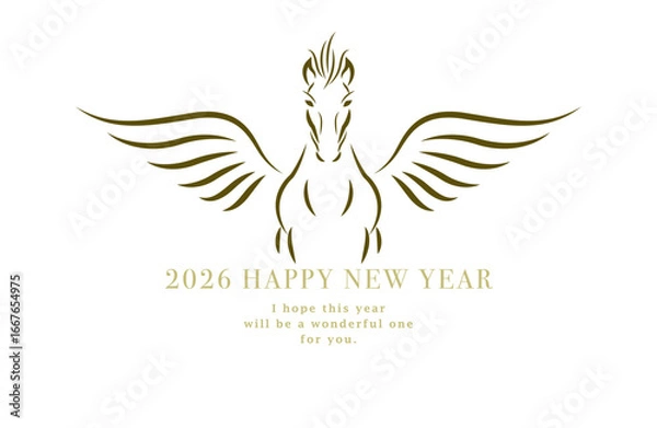 Obraz 2026年 午年の年賀状デザイン｜シンプルなペガサス(馬)の線画イラスト