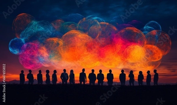 Fototapeta Concept of communication symbolized by overlapping speech bubbles hovering above individuals The image represents interpersonal exchange dialogue and the understanding fostered, Generative AI