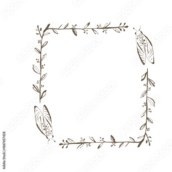 Fototapeta Hand drawn botanical frame with leaves and insects ideal for mystical invitations nature themes stationery and home decor