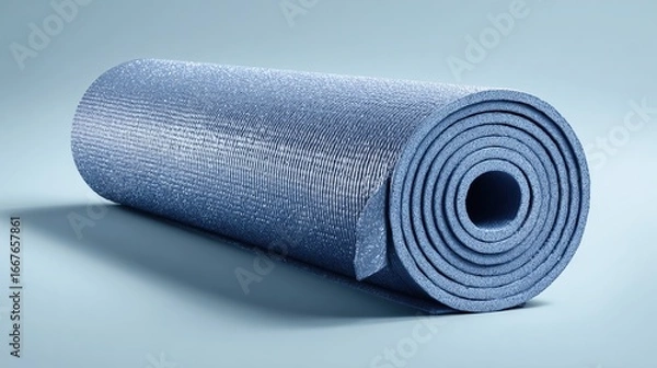 Fototapeta Rolled blue exercise mat with textured surface and visible layers, studio shot