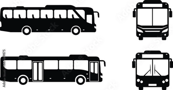 Fototapeta Silhouette vector illustration of modern city bus and coach front view and side view icons, public transportation vehicle graphic design for travel, transport, service