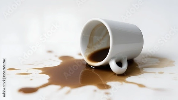 Obraz Spilled Coffee from White Cup on White Background – Close Up
