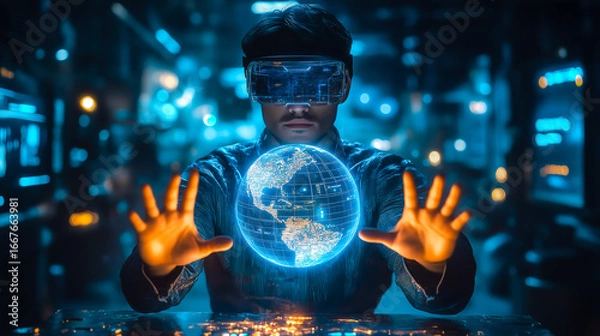 Fototapeta A businessman wearing VR glasses interacts with a holographic globe. The concept of virtual reality, global connectivity, and futuristic business innovation. Generative AI.