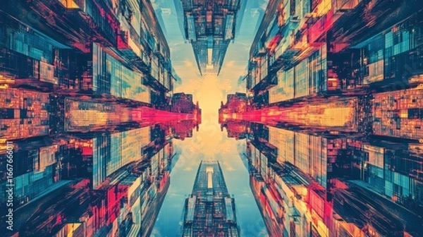 Fototapeta Abstract Cityscape with Mirrored Buildings and Vibrant Colors