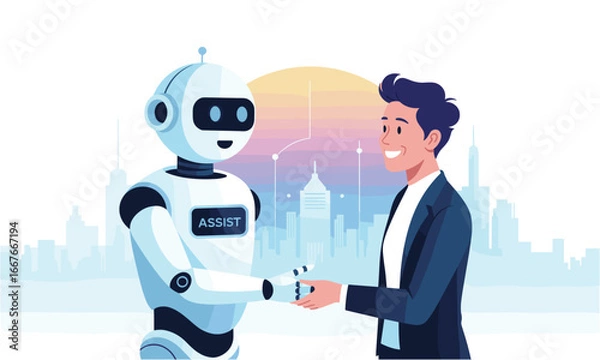 Fototapeta Modern Flat Design Human and Robot Handshake Business Collaboration Concept Illustration