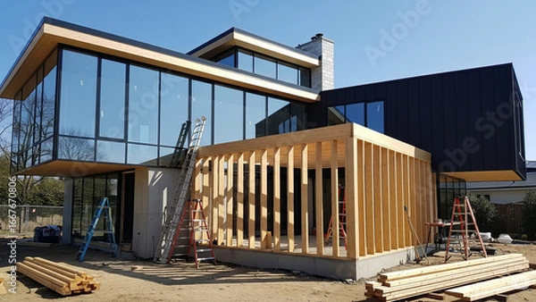 Fototapeta Modern Timber-Frame House Extension with Eco-Friendly Design