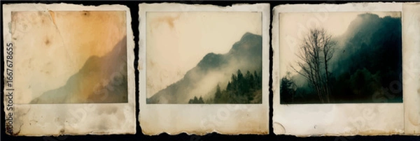 Fototapeta Vector illustration of an aged and scratched vintage photograph depicting a tranquil mountain landscape with burnt, worn edges. Banner
