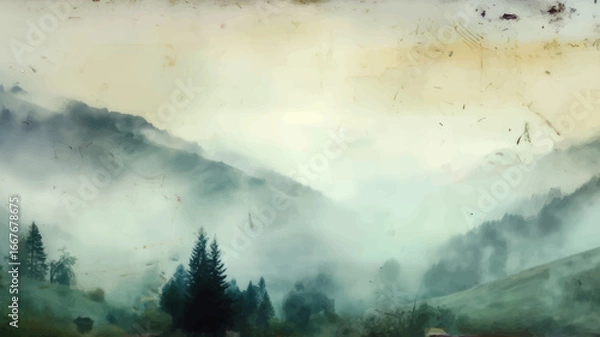 Fototapeta Vector illustration of an aged and scratched vintage photograph depicting a tranquil mountain landscape with burnt, worn edges. Banner