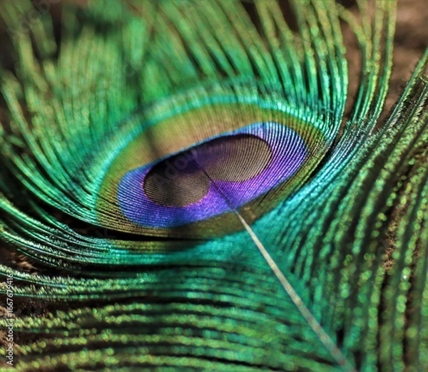 Fototapeta Peacock feather closeup. Selective focus. Feather background.